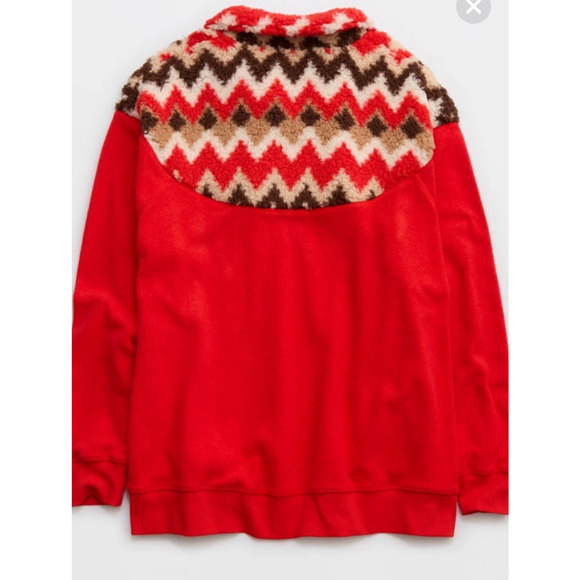 Aerie Hometown Holiday Quarter Zip Sweatshirt Red Sherpa Tribal XXL NWT - Picture 3 of 9